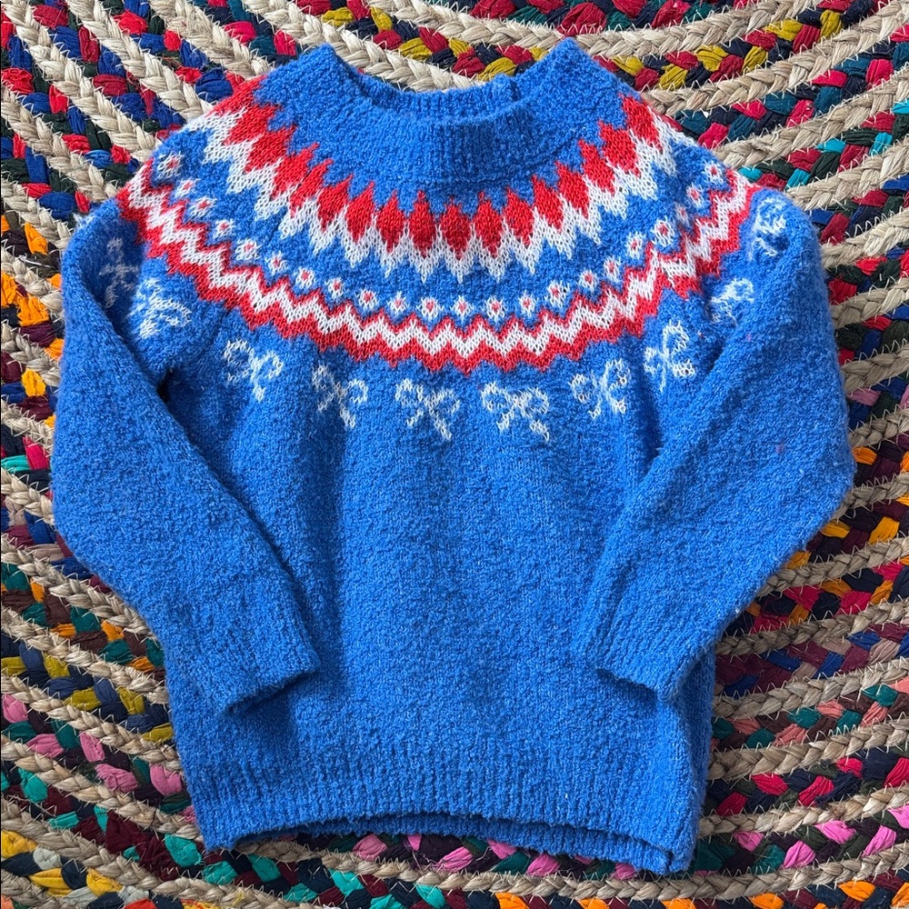 Cat & Jack Blue Mohair-Texture Sweater with Red and White Fair Isle Yoke -2T